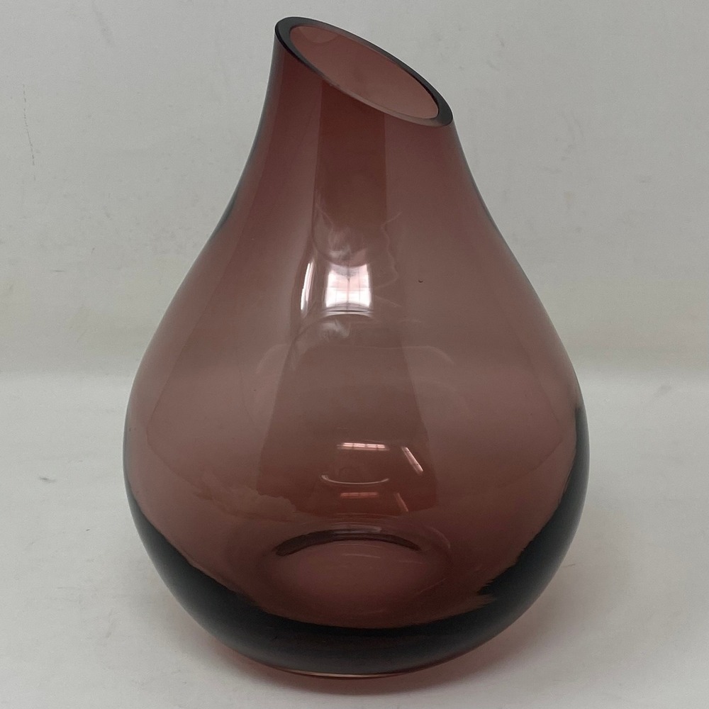 Hand Blown Art Glass Vase 7in Amethyst Purple Teardrop Slanted Rim Weighted Base